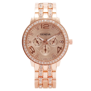 Luxurious rose gold Geneva watch for women with rhinestone-studded bezel and metal band