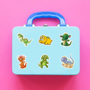 Blue dinosaur storage box with cartoon patterns and handle on pink background