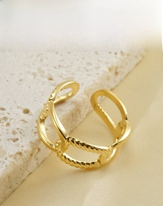 Detail of 18k gold plated stainless steel ring with double-layered hollow rope texture