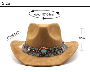 Detailed dimensions of brown felt cowboy hat with ethnic beads and turquoise stone