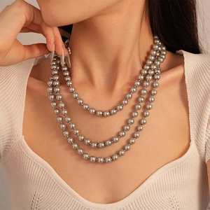 Long Faux Artificial Pearl Beaded Necklace Multi Layer Vintage Style Round Strand Elegant Sweater Chain Jewelry For Women