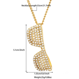 Gold sunglasses pendant necklace with sparkling white rhinestones and size dimensions