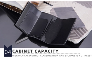 Macro detail of black litchi texture leather card holder with multi-tier storage slots