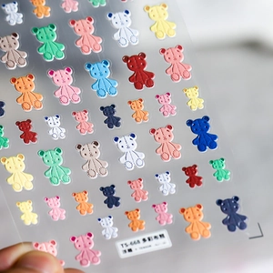 Colorful 5D embossed teddy bear nail art stickers with textured sewing patterns