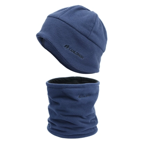 Close-up of thick navy blue fleece hat and neck warmer set with embroidery detail
