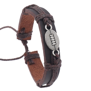 Braided leather football bracelet in dark brown with a silver alloy American football charm