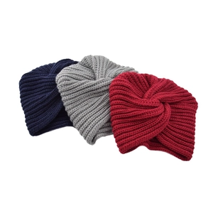 Three-pack cross knit turban hats in navy, grey and red, soft cashmere-like material