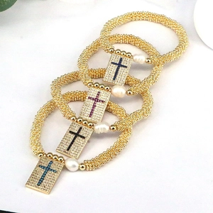 Classic gold beaded bracelet set with colorful zircon cross charms and pearls