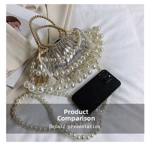 Macro view of handmade pearl cage evening bag with silver pleated pouch and golden frame