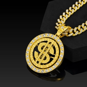 Hip hop style gold plated Cuban link necklace with rotating dollar sign pendant and rhinestones