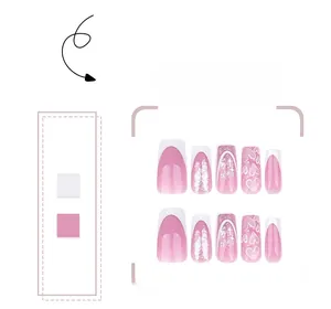 Macro detail of long square press-on nails with silver glitter and white heart designs