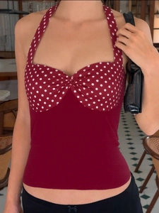 Retro red halter top with white polka dots design and open back for summer fashion
