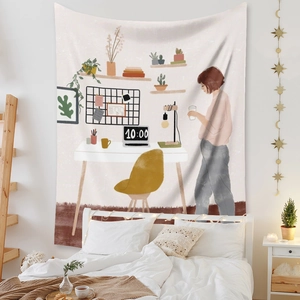 Cozy bedroom scene featuring a bohemian wall tapestry with minimalist woman illustration