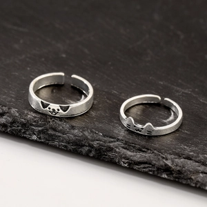 Gothic retro cat and dog adjustable open rings with black enamel details on stone