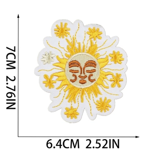Detailed view of sun flower embroidery patch with dimensions 7cm x 6.4cm for iron-on use