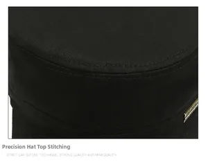Detailed close-up of a black cotton military cap featuring double stitching and metal logo