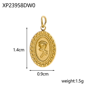 Golden retro oval rose pendant in stainless steel, matte finish, 1.4cm x 0.9cm size