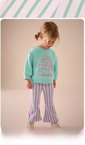 Detail of girls' mint green sweatshirt and pink striped flared leggings outfit