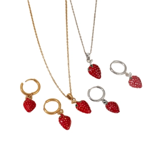 Cute stainless steel strawberry jewelry set with gold and silver necklaces and earrings