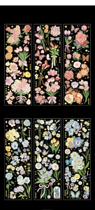 Detailed close-up of vintage floral stickers with gold foil accents and insects