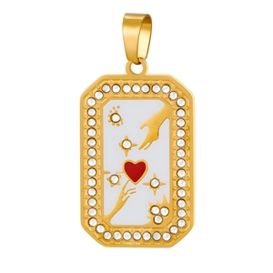 Detail of gold rectangular pendant with red heart, hands motif and rhinestone border