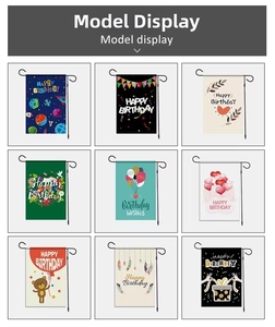 Nine various Happy Birthday garden flags with multiple themes and black metal stands