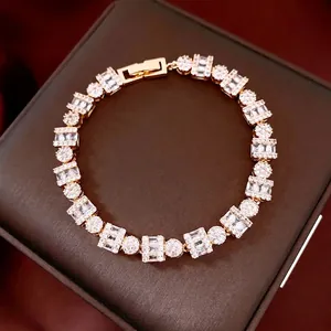 Luxury 18k gold plated vintage bracelet with square and round cubic zirconia stones