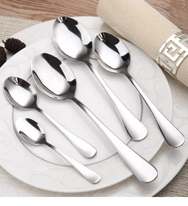 Detailed view of five polished stainless steel spoons in various sizes on a white plate