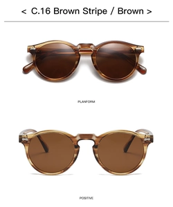Detailsicht der runden Vintage-Sonnenbrille mit braunem Streifen und polarisierten Gläsern