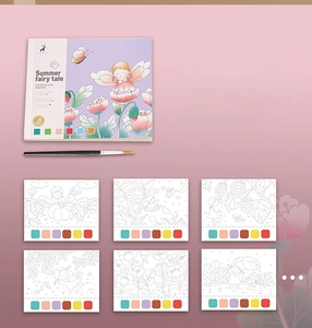 Detail view of 20-page watercolor paint book with built-in pigments and brush set