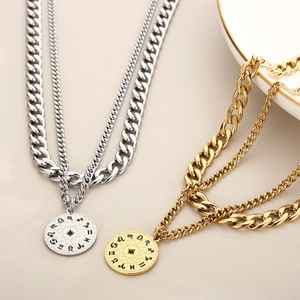 French vintage double-layered stainless steel necklace with gold and silver zodiac pendants