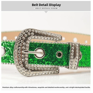 Detail view of green glitter belt with silver rhinestone buckle and metal eyelets