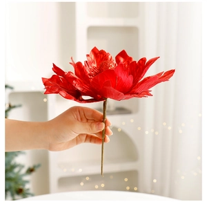 Handheld red artificial Christmas flower with glitter center and long stem for tree decor