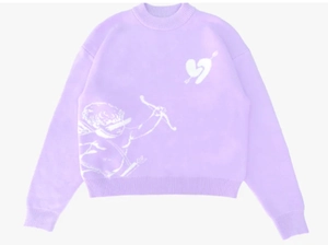 Dettaglio maglione in maglia lavanda con grafica jacquard Cupido bianca sul davanti
