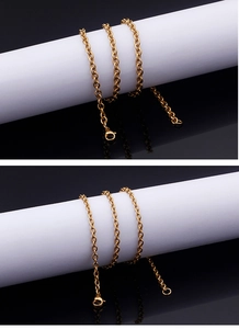 Detail of a minimalist gold-plated stainless steel O-chain necklace with lobster clasp