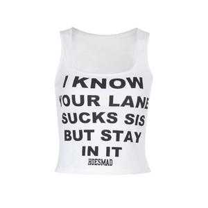 White ribbed knit tank top with bold black letter print and square neckline