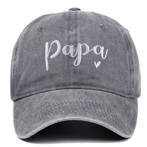 Washed dark grey cotton baseball cap with white Papa heart embroidery for sun protection