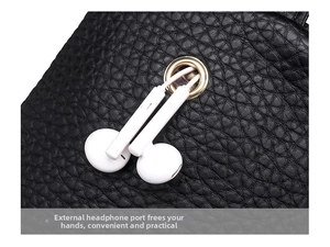 Close-up of litchi pattern leather chest bag with a built-in metal earphone port