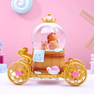 Detail of Capybara crystal ball showing two figures in a golden carriage with pink accents