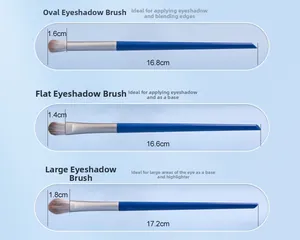 Detail of eyeshadow brushes showing precise bristle widths and total lengths in centimeters
