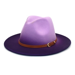 Classic purple gradient wool felt fedora with brown leather band and gold buckle detail