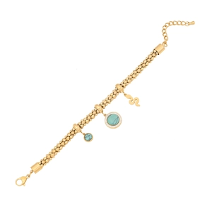 Golden flower bracelet with turquoise stone pendants and a snake charm on a white background