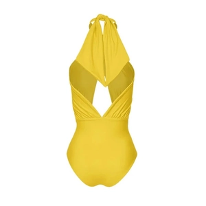 Bright yellow halter neck one-piece swimsuit with cutout back and ruched waist detail