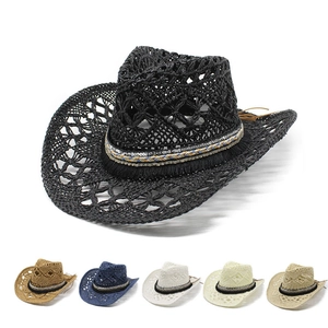 Chapeau De Cowboy Été Paille De Papier Crochet Large Bord Soleil Gland Bande Ethnique Plage Vacances Voyage Femmes