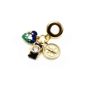 Detailed travel charm set with gold camera, enamel globe, and compass on a metal ring