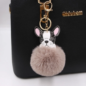 Cute French Bulldog plush pompom charm with golden keychain for handbag decoration