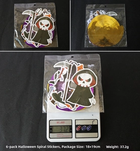 Detailed view of Halloween spiral pendants featuring grim reaper icons and dimensions