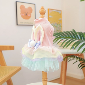 Detail of pet princess dress with rabbit ears, pink knit top and rainbow mesh skirt