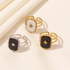 Stainless Steel Eight Pointed Star Enamel Adjustable Open Ring Vintage Octagram Niche Design Fashion Jewelry For Women