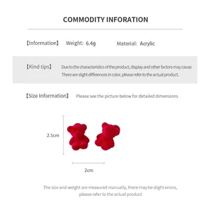 Detailed size chart for red flocked bear acrylic earrings with precise height and weight